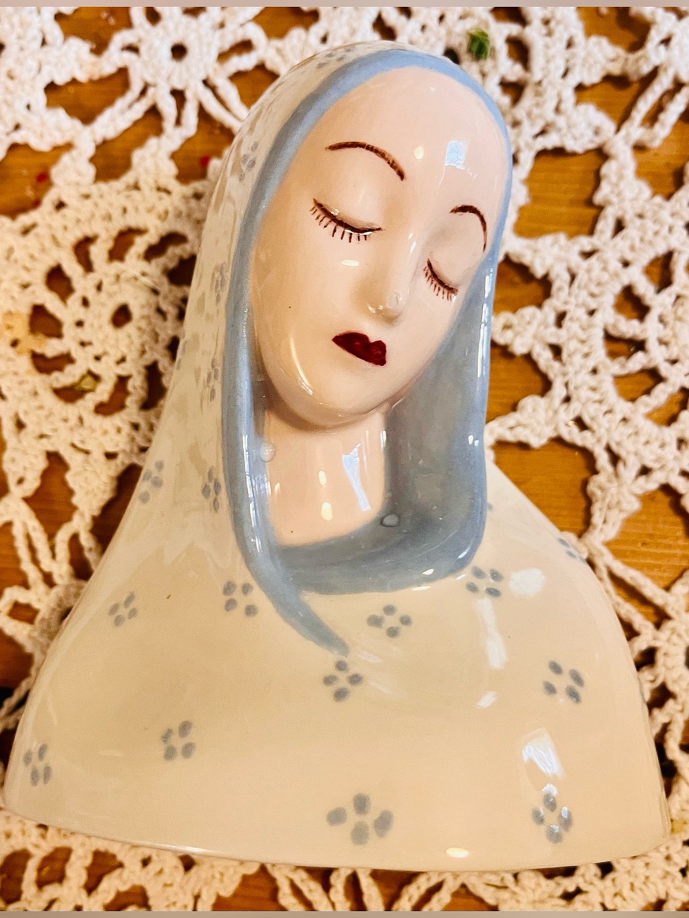 Vintage Ceramic Bust in Cream and Light Blue Marked “Sorrowful Madonna” 1950-60